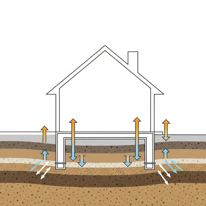 Illustration showing soil layers and potential pressure points beneath a house foundation