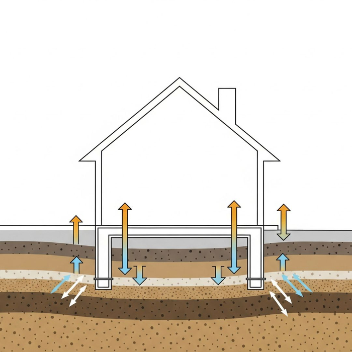Illustration showing soil layers and potential pressure points beneath a house foundation Illustration showing soil layers and potential pressure points beneath a house foundation