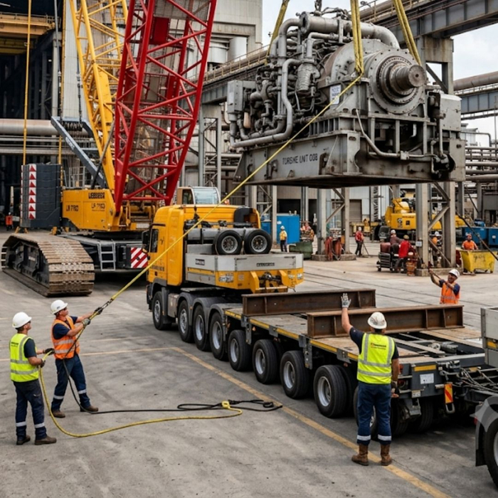 Heavy equipment rigging crane lifting industrial manufacturing machinery safely.