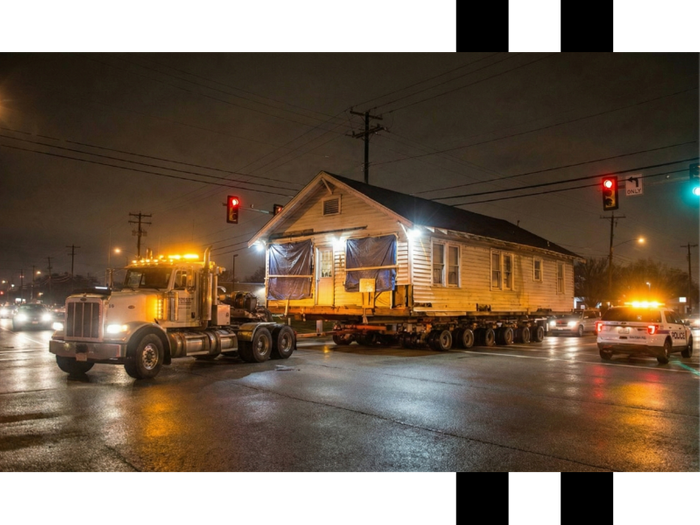 House being transported on a roadway at night