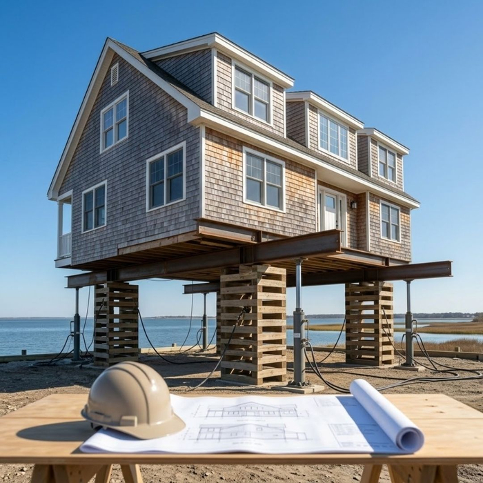 Architectural blueprints and a hard hat rest in the foreground of a large Jersey Shore home securely elevated on cribbing stacks next to a coastal bay