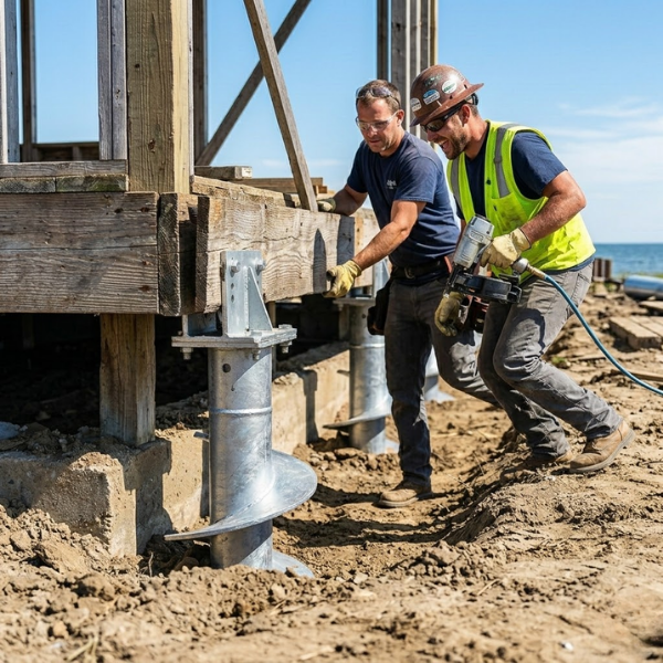Two carpenters immediately install weathered timber framing onto heavy-duty galvanized steel helical pile brackets