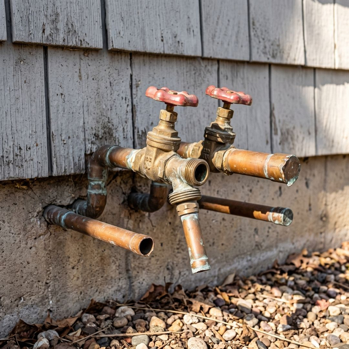 Disconnected municipal water pipes and shutoff valves on a home exterior.