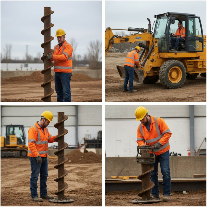 Construction workers, dressed in safety gear, are shown in various stages of preparing and installing helical piles using heavy machinery. Construction workers, dressed in safety gear, are shown in various stages of preparing and installing helical piles using heavy machinery.