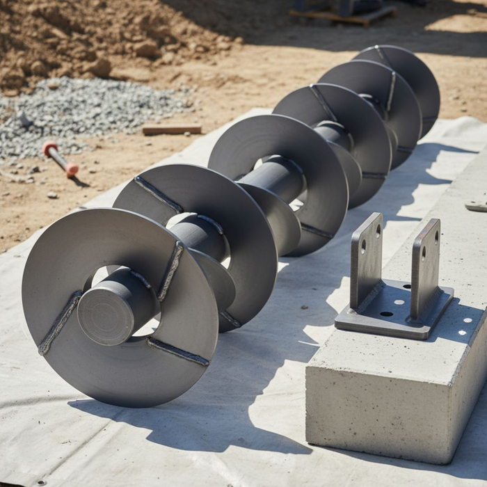 A newly manufactured helical pile with a steel shaft and multiple helical plates rests on a tarp next to a sturdy metal bracket on a construction site. A newly manufactured helical pile with a steel shaft and multiple helical plates rests on a tarp next to a sturdy metal bracket on a construction site.