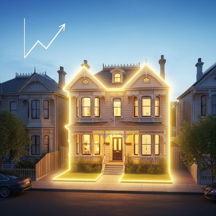 Building with a symbolic glowing outline representing preserved equity and increasing value Building with a symbolic glowing outline representing preserved equity and increasing value