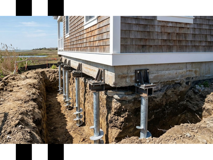 Helical piles and brackets installed to stabilize a sinking coastal home foundation