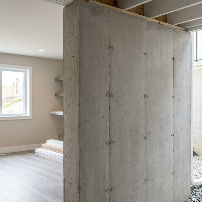A flawless and freshly cured concrete foundation wall securely supporting a renovated residential basement space.