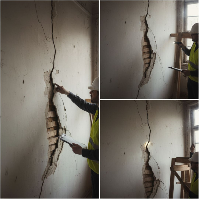 An architect points to a large, prominent crack revealing brickwork on an interior wall. An architect points to a large, prominent crack revealing brickwork on an interior wall.