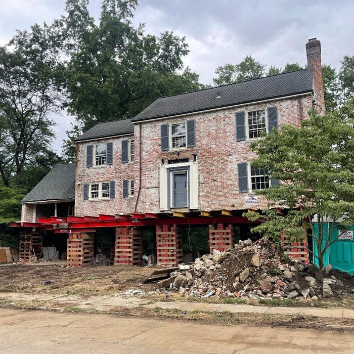 Lifted brick building