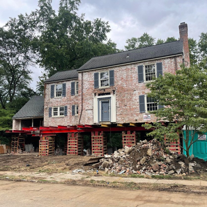 Lifted brick building