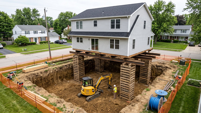 House lifted high with deep basement excavation in progress underneath. House lifted high with deep basement excavation in progress underneath.