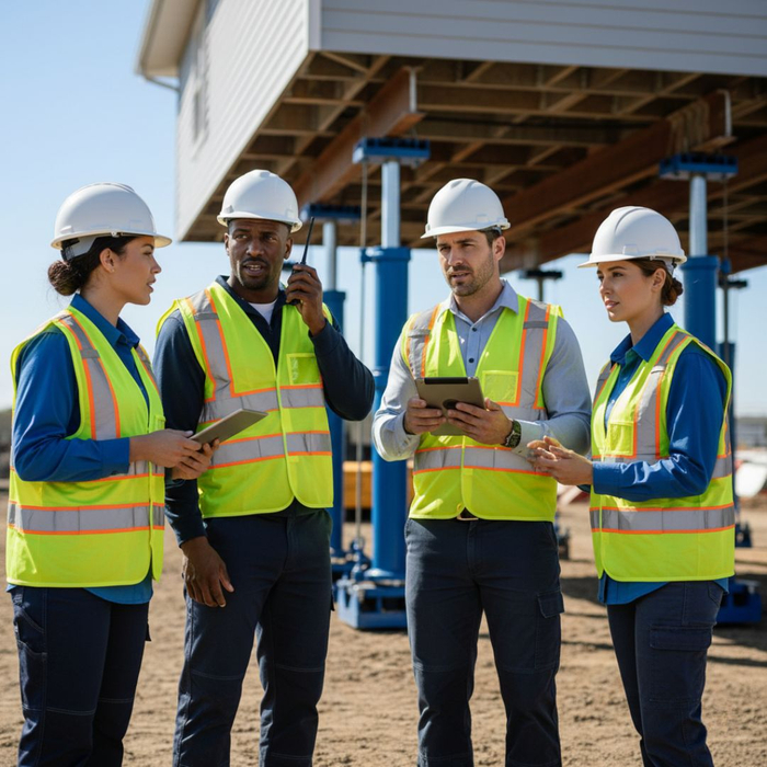 A diverse team of construction professionals in hard hats and safety vests communicate on a job site with a raised building in the background. A diverse team of construction professionals in hard hats and safety vests communicate on a job site with a raised building in the background.