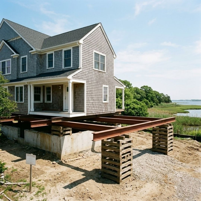 A classic cedar shake house in a coastal neighborhood is elevated high above its foundation on secure steel beams and timber cribbing for flood mitigation
