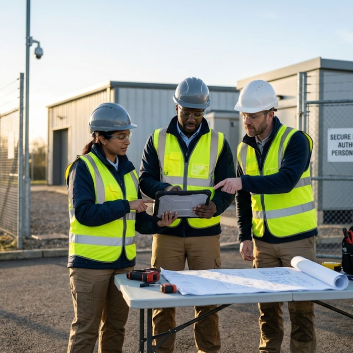 Technicians reviewing blueprints at a secure construction site.