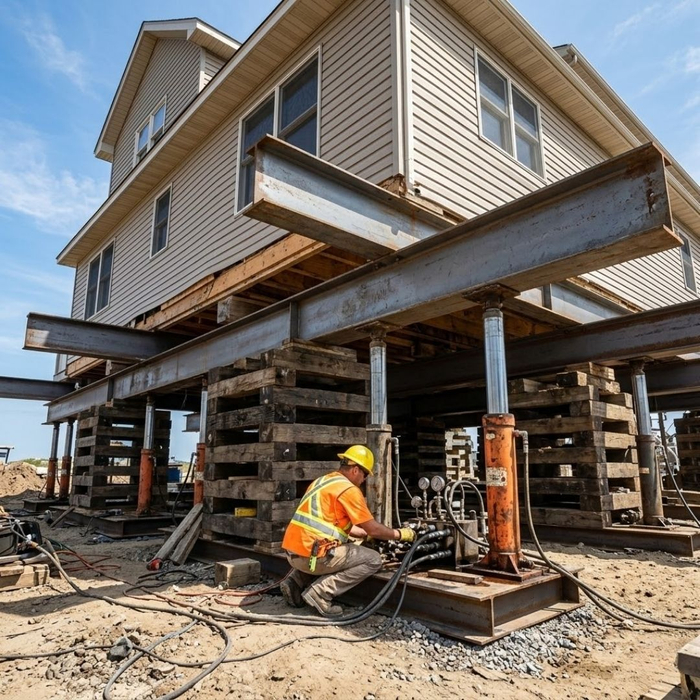 the massive grid of heavy structural steel I-beams and synchronized hydraulic jacks actively lifting a residential house
