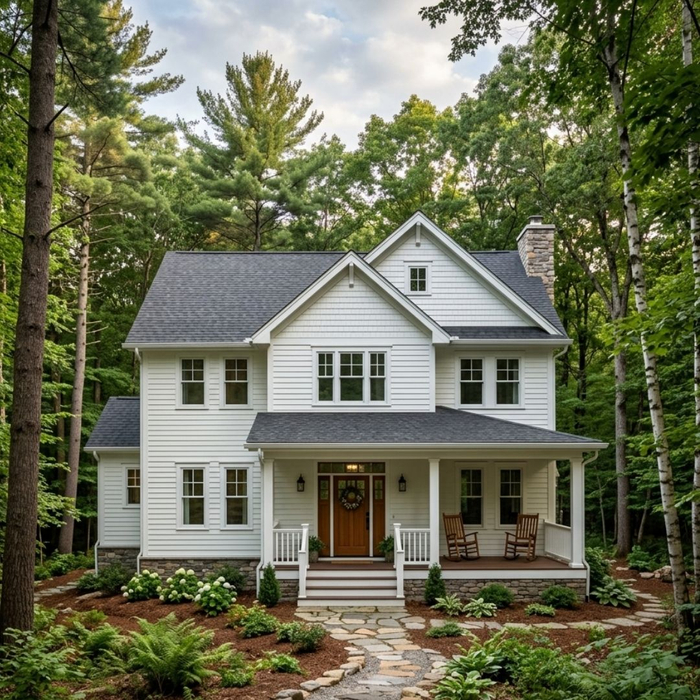 A stunning two-story home successfully moved and perfectly settled onto a new permanent lot surrounded by scenic woodlands.
