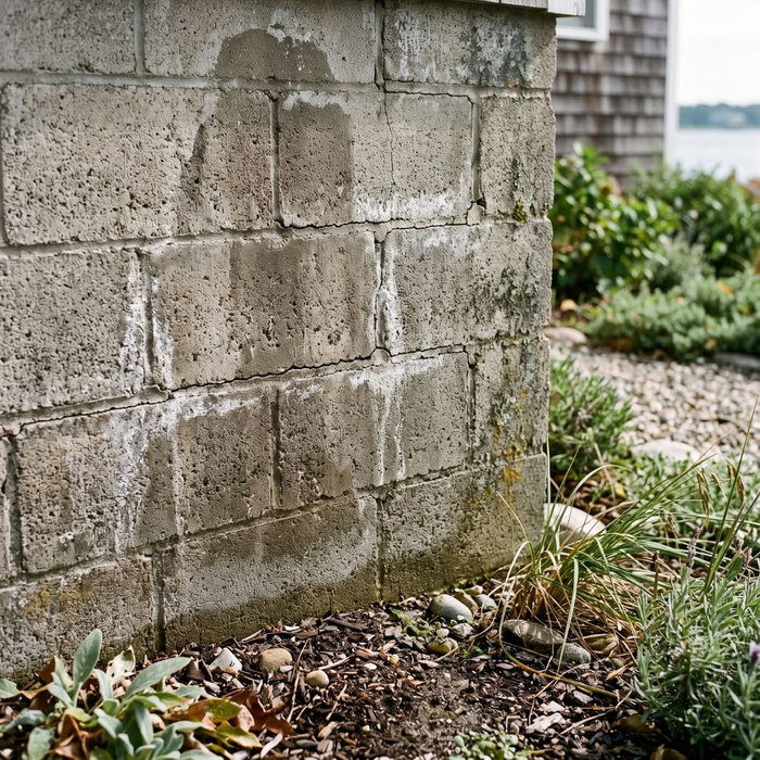 Cracked concrete block foundation wall suffering from hydrostatic water pressure.