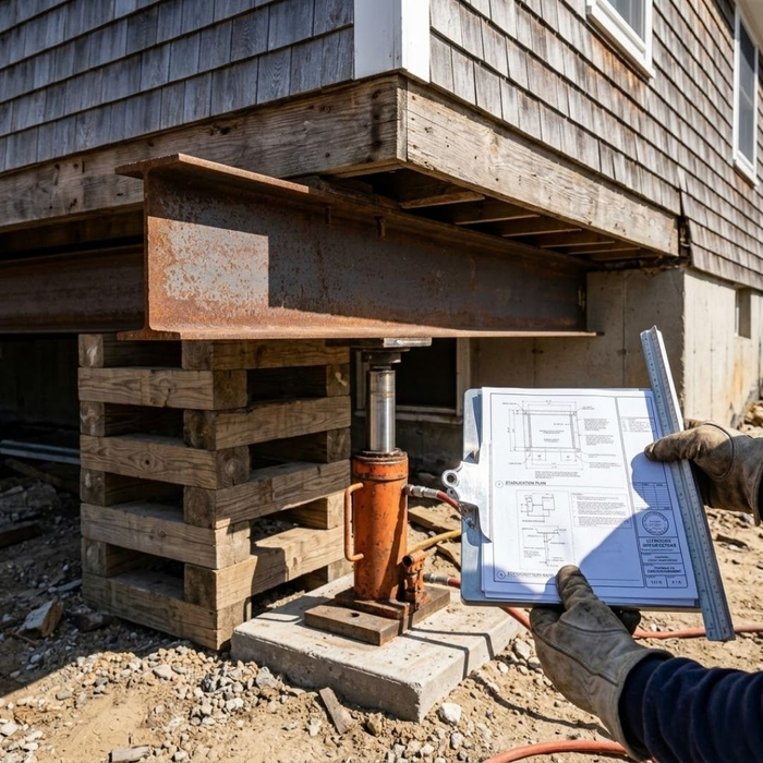 a construction worker reviewing official architectural specifications next to the hydraulic jacks and timber cribbing supporting a raised coastal home