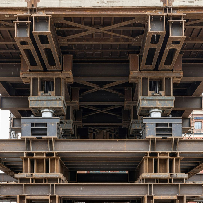 close-up shot of the underside of an older building being lifted close-up shot of the underside of an older building being lifted