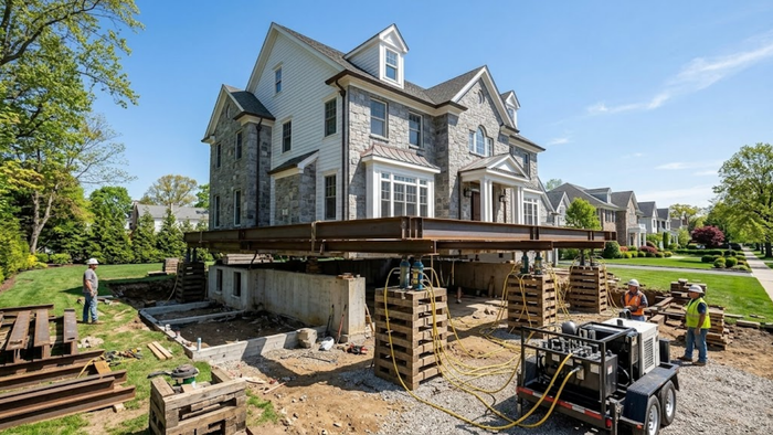 a large, classic Long Island suburban home being lifted by synchronized hydraulic jacks and structural steel beams under a clear, bright blue sky