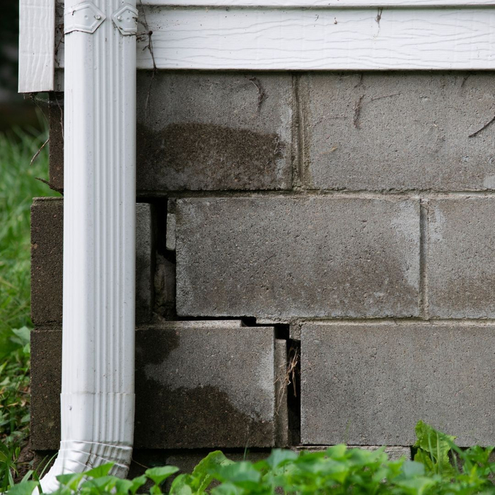A close-up view of a concrete block foundation wall showing a significant vertical crack.