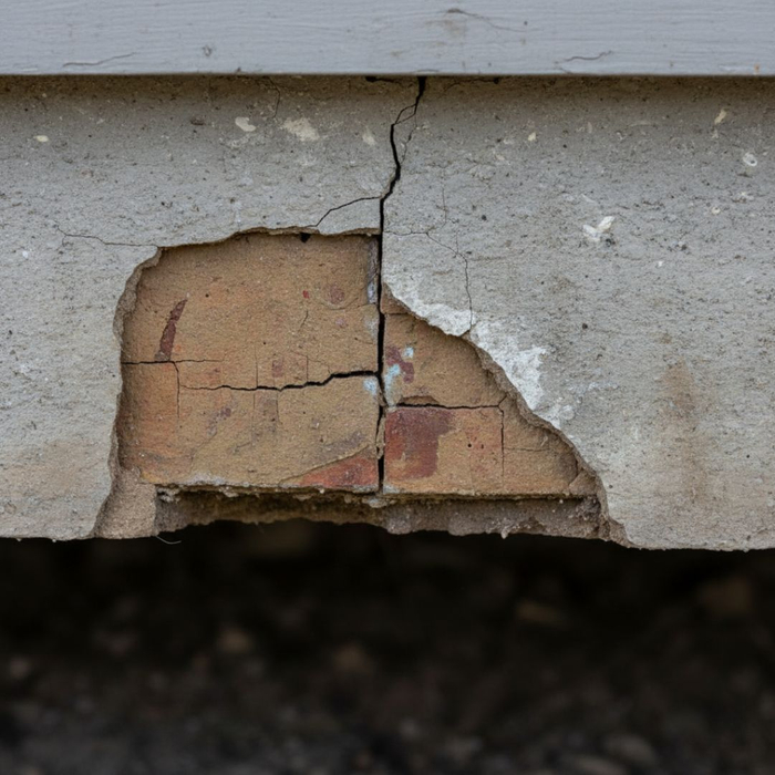 Severe cracks and damage are visible on a concrete foundation, exposing brick underneath. Severe cracks and damage are visible on a concrete foundation, exposing brick underneath.