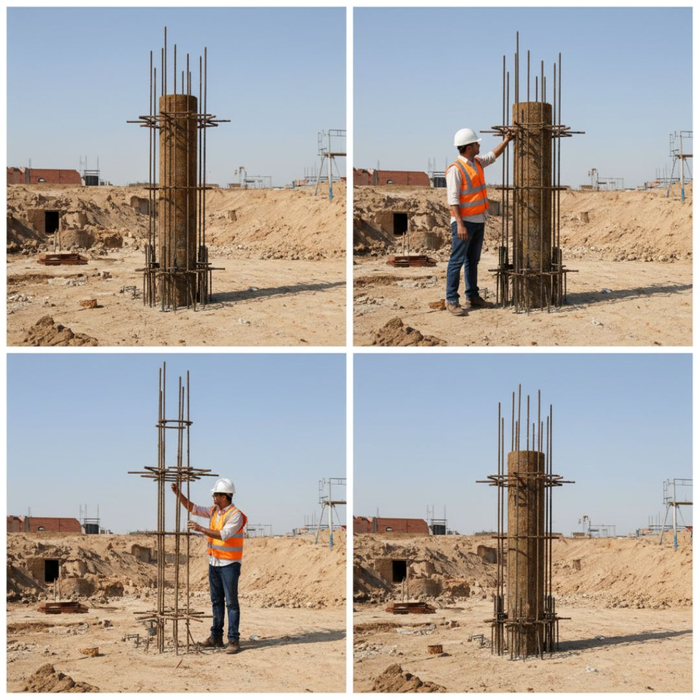 A series of four images shows a male engineer in a hard hat and safety vest inspecting rebar cages for deep foundation solutions at a dusty construction site. A series of four images shows a male engineer in a hard hat and safety vest inspecting rebar cages for deep foundation solutions at a dusty construction site.