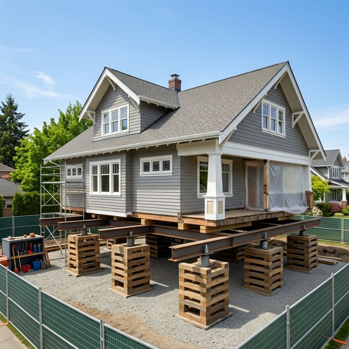 A professionally secured home resting safely on heavy-duty temporary support structures during a clean restoration project.