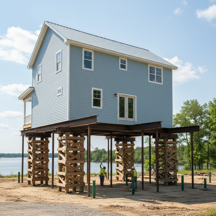 A light blue house stands elevated on a system of wooden cribbing and metal beams next to a lake under a clear sky.