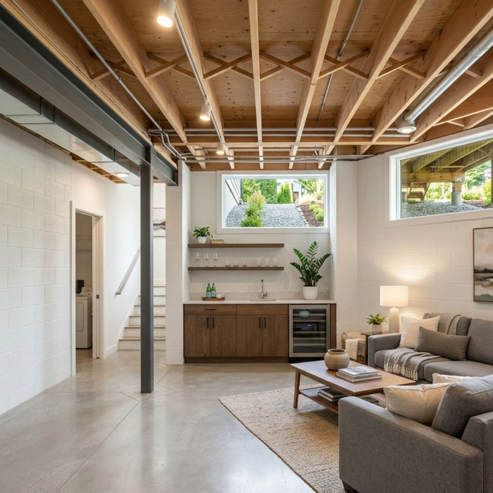 A bright, newly constructed basement space featuring strong concrete block walls beneath a beautifully elevated residential home.