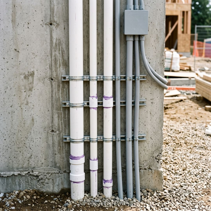 Newly reconnected vertical plumbing lines along a raised house foundation wall.