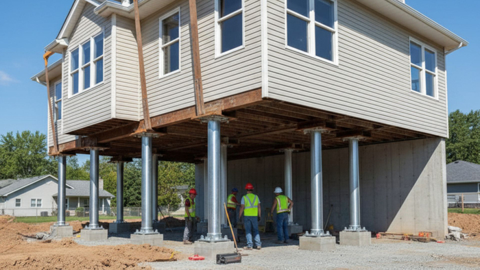 A modern house is elevated on hydraulic jacks with construction workers observing the process. A modern house is elevated on hydraulic jacks with construction workers observing the process.