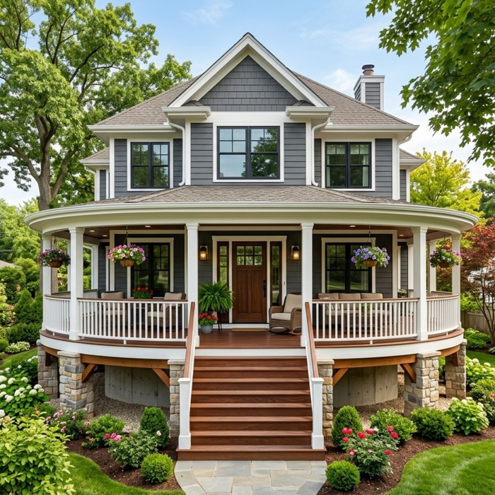 A beautiful suburban house sitting flawlessly on its new elevated, reinforced foundation with a newly built wraparound porch.