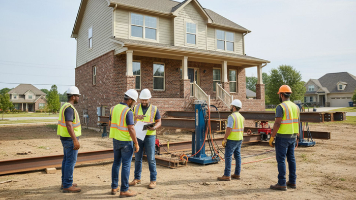 A team of construction workers in hard hats and safety vests stand around a house being prepared for lifting. A team of construction workers in hard hats and safety vests stand around a house being prepared for lifting.