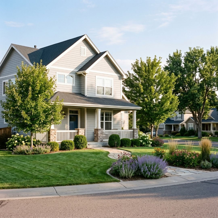 Exterior of an upgraded suburban home with an elevated foundation and full basement.