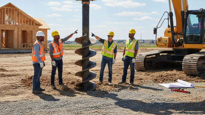 Construction workers in hard hats and safety vests observe a large hydraulic machine installing a helical pile at a building site. Construction workers in hard hats and safety vests observe a large hydraulic machine installing a helical pile at a building site.