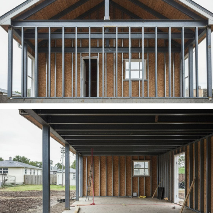 A view of a building's interior showing extensive steel bracing and structural reinforcement. A view of a building's interior showing extensive steel bracing and structural reinforcement.