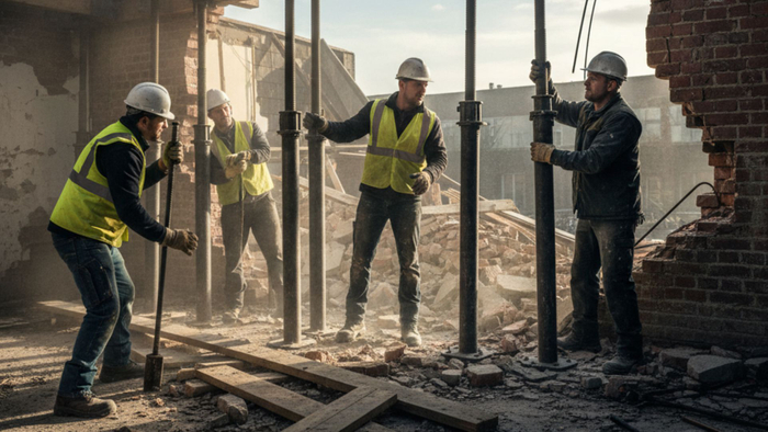 Construction workers install temporary support poles inside a damaged brick building. Construction workers install temporary support poles inside a damaged brick building.
