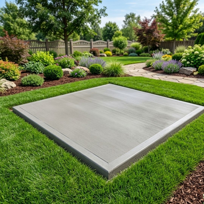 A pristine and perfectly leveled new concrete foundation slab, ready to safely support a newly relocated residential structure.