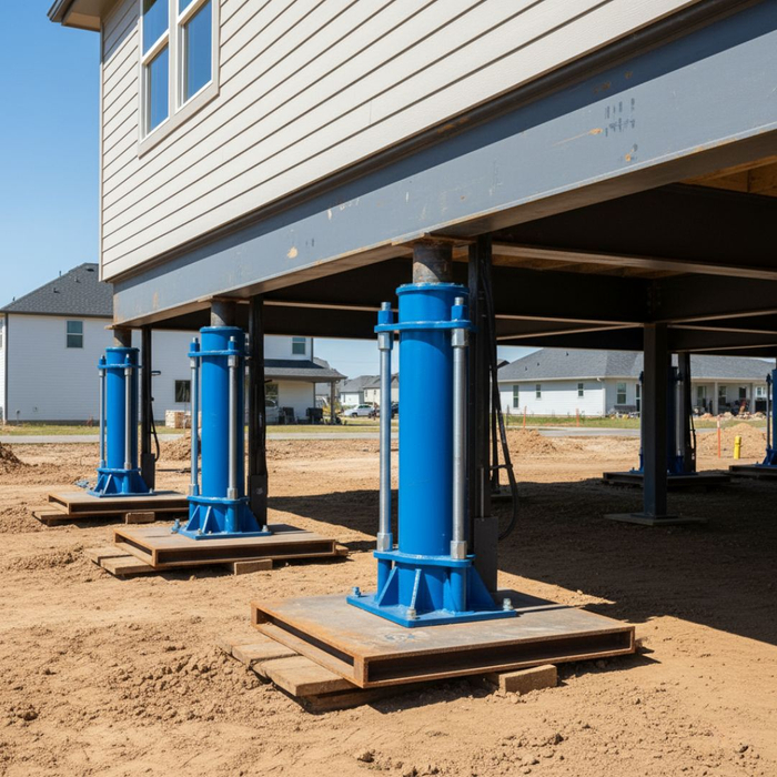 Several powerful blue hydraulic jacks support a raised house foundation on a construction site. Several powerful blue hydraulic jacks support a raised house foundation on a construction site.