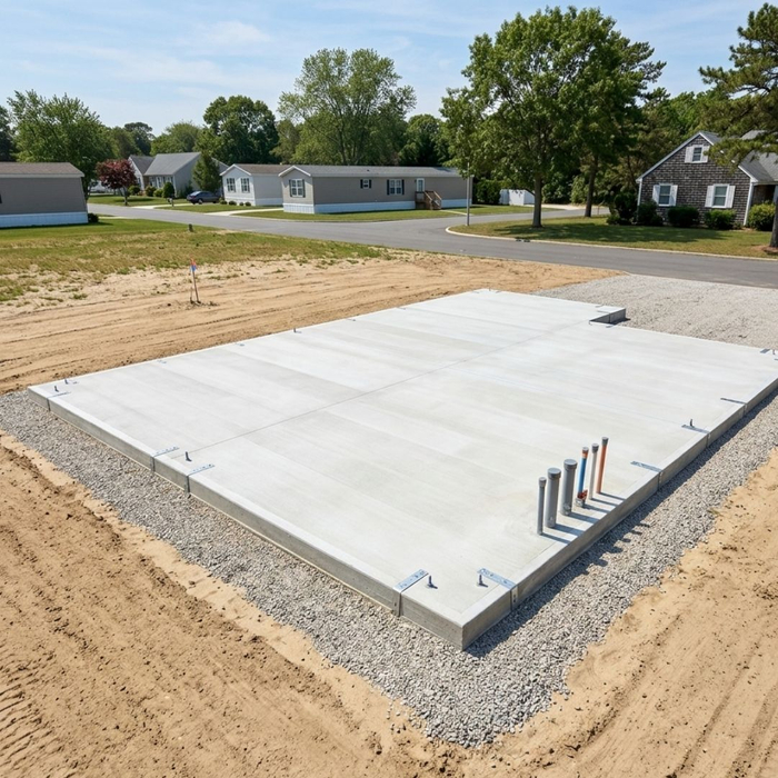 A pristine concrete foundation slab fully prepared and ready to safely receive a newly relocated manufactured home.