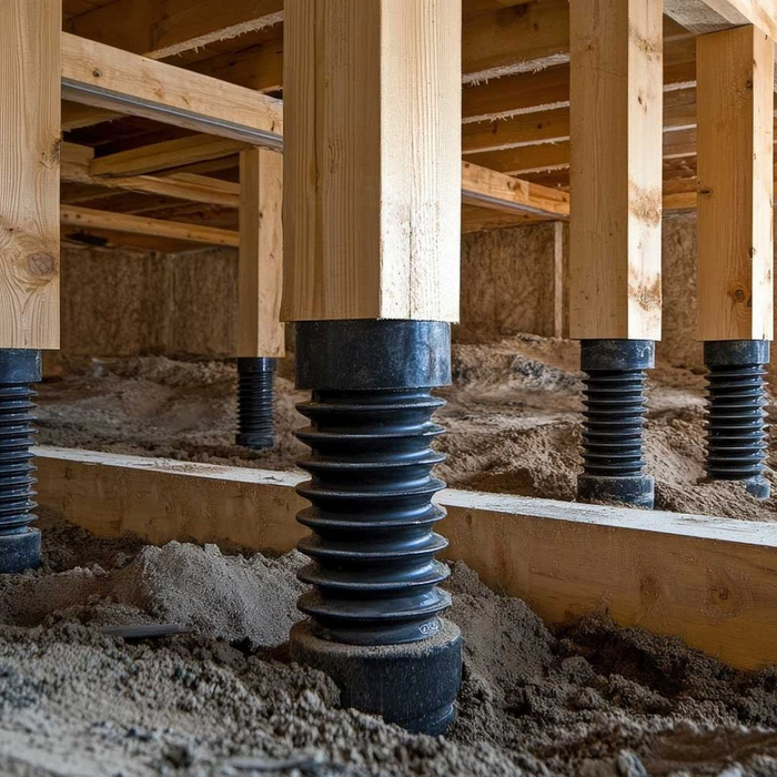 A series of black adjustable foundation piers support wooden posts and floor joists in a building's crawl space or elevated foundation.