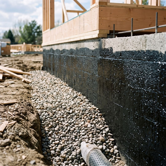 Waterproofing membrane applied to a new concrete basement foundation wall.