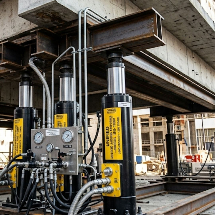 Industrial hydraulic lifting system supporting a large concrete building.