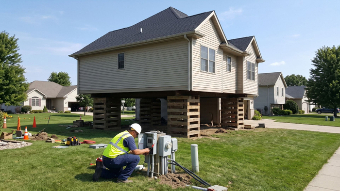House elevated on wooden cribbing with utility disconnection area visible in yard. House elevated on wooden cribbing with utility disconnection area visible in yard.