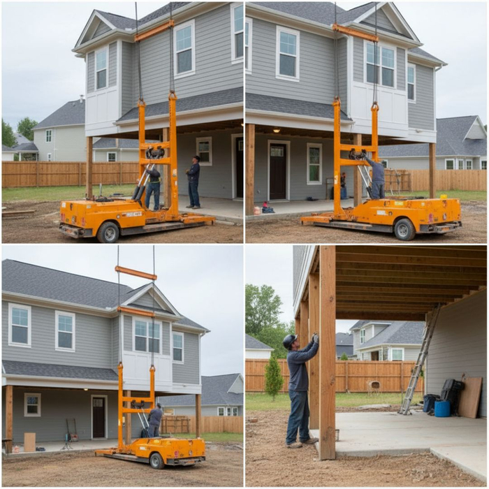 Construction workers are operating machinery to lift a house with hydraulic equipment. Construction workers are operating machinery to lift a house with hydraulic equipment.