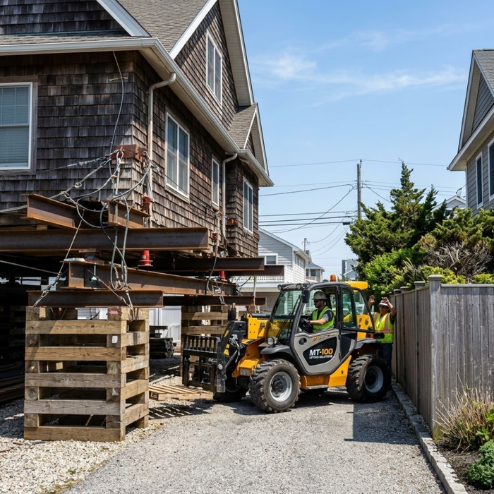 heavy-lifting machine actively navigating a very narrow residential alley on Long Island, passing between a securely lifted house with weathered cedar shake siding and the neighboring property line