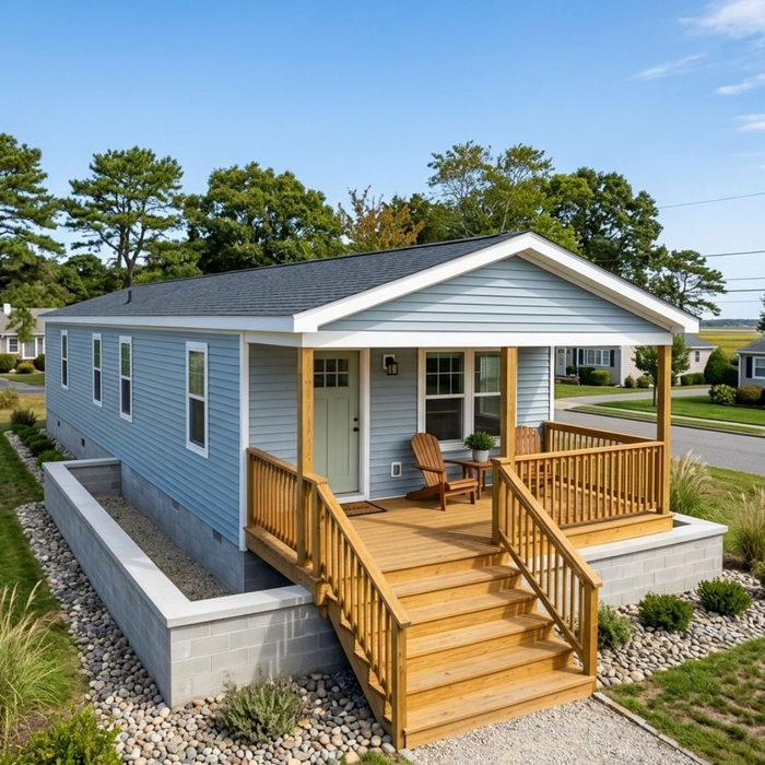 A beautifully restored manufactured home resting seamlessly on a new foundation, complete with a newly built front porch.