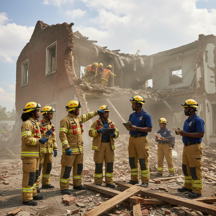 Emergency responders survey the wreckage of a partially collapsed brick building under a clear sky. Emergency responders survey the wreckage of a partially collapsed brick building under a clear sky.
